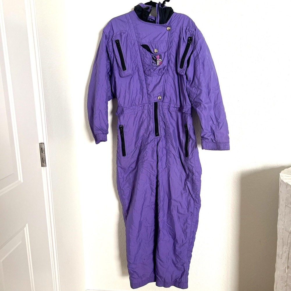 Vtg Etirel Sz S Ski Suit One Piece‎ Retro 90s Purple Embroidered Logo Womens EUC